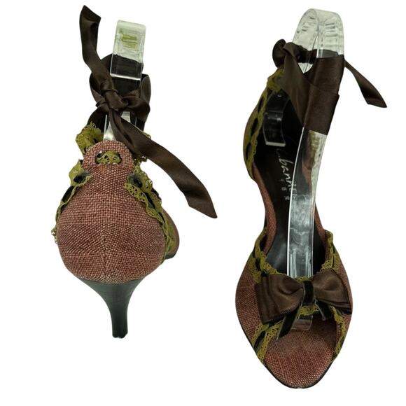 C. BANNER Pink Tweed Lace Detail Open Toe Ribbon Tie Up Kitten Heel Pumps 5.5 - Picture 3 of 12